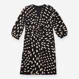 Midi Dress Black Cream Abstract Print Wrap Effect