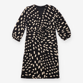 Midi Dress Black Cream Abstract Print Wrap Effect
