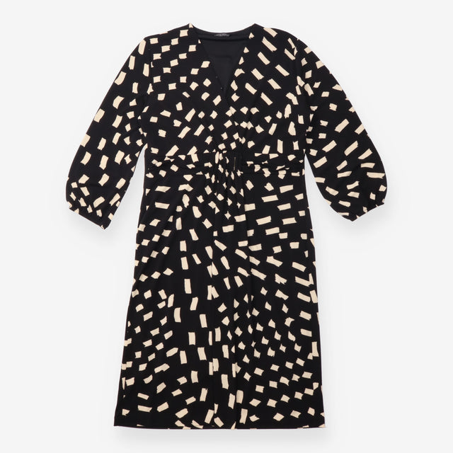Midi Dress Black Cream Abstract Print Wrap Effect