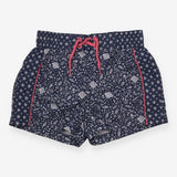 Navy and pink beach shorts fish print