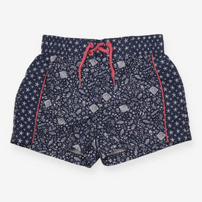 Navy and pink beach shorts fish print