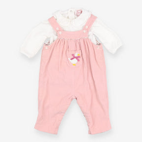 Dungaree set pink needle cord with duck applique