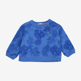 Blue Palm Leaves Sweater with Applique Bird