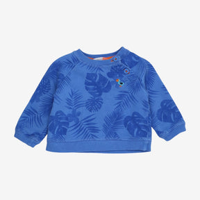 Blue Palm Leaves Sweater with Applique Bird