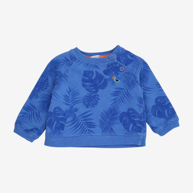 Blue Palm Leaves Sweater with Applique Bird