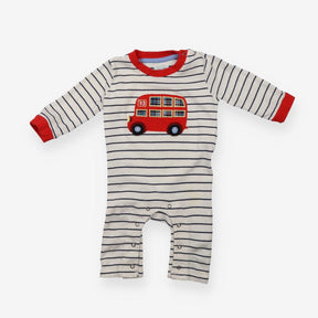 Sleepsuit navy stripe red bus red edging