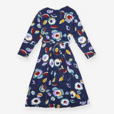 Dress Navy Blue Floral Print Long Sleeve Midi V-Ne