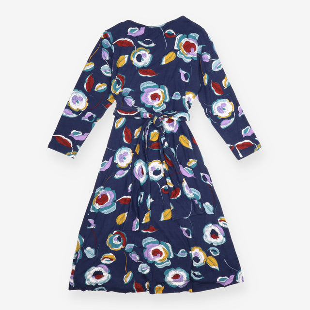 Dress Navy Blue Floral Print Long Sleeve Midi V-Ne