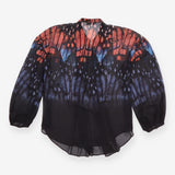 Printed Blouse Black Orange Blue Pleated Zip Front