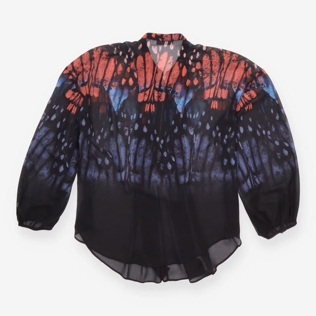 Printed Blouse Black Orange Blue Pleated Zip Front