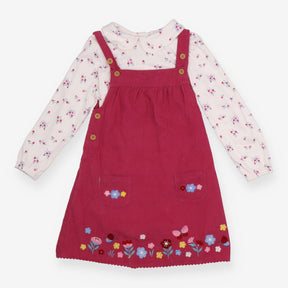 Cord Pinafore Dress Fuchsia and tee White 