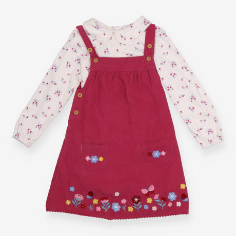 Cord Pinafore Dress Fuchsia and tee White 