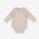 Long sleeve light brown rib frill neck bodysuit