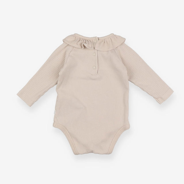 Long sleeve light brown rib frill neck bodysuit