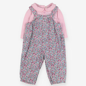 Cord ditsy dungarees with pink collared bodysuit