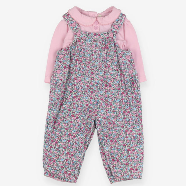 Cord ditsy dungarees with pink collared bodysuit