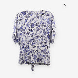 Long Sleeve Button‑Up Blouse, White & Blue Print
