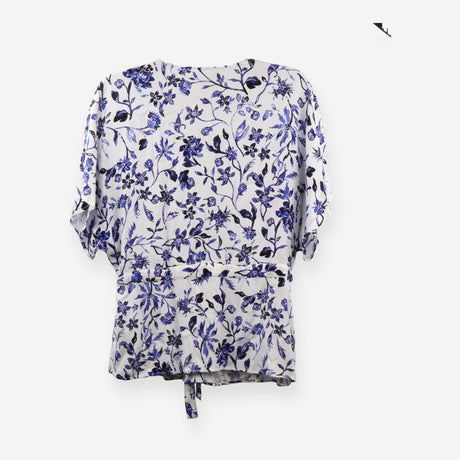 Long Sleeve Button‑Up Blouse, White & Blue Print