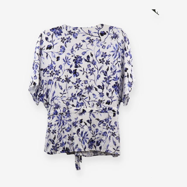 Long Sleeve Button‑Up Blouse, White & Blue Print
