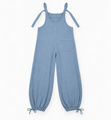 Blue Waffle Cotton Wide Leg Dungarees with Tie Str