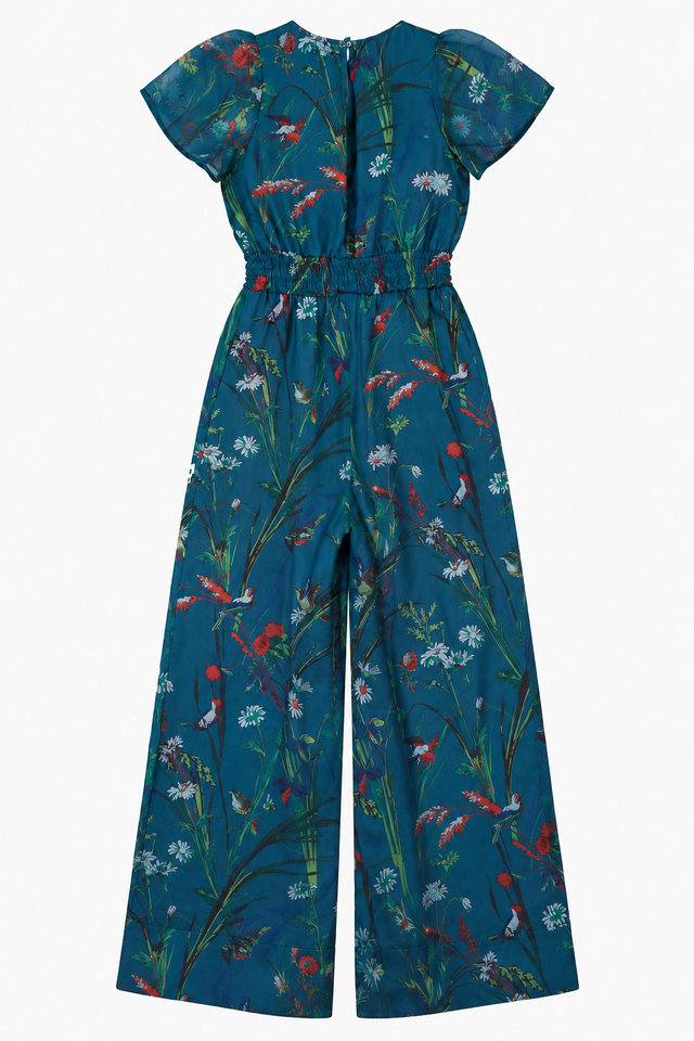 Teal Floral Wide Leg Short Sleeve Jumpsuit