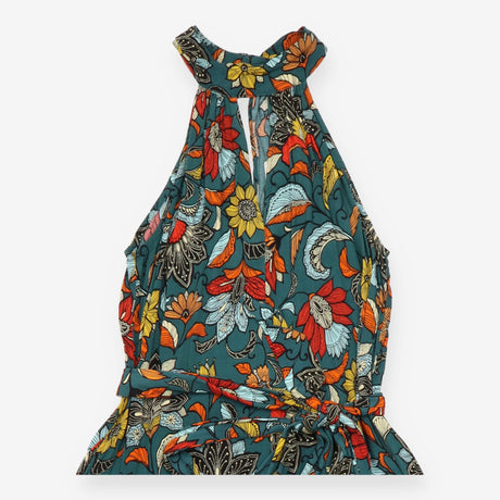 Teal Floral Halter Keyhole Neck Maxi Dress