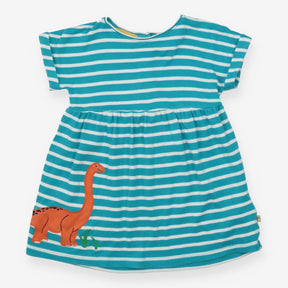 Dress Teal Stripe Orange Dinosaur Applique