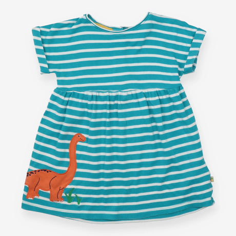 Dress Teal Stripe Orange Dinosaur Applique
