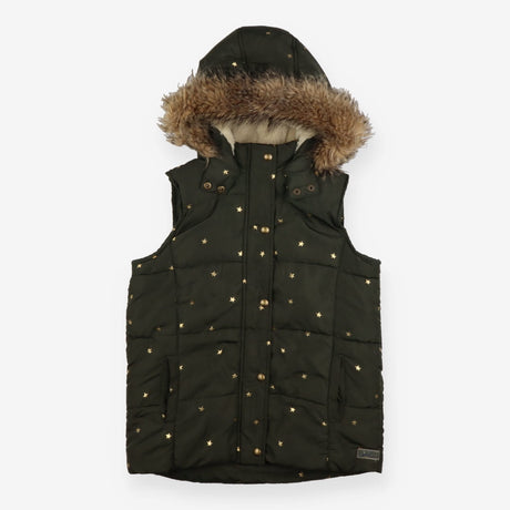 Coat green gold stars fur hood