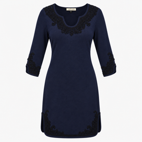 Dress Navy Merino Wool Embroidered Three Quarter S