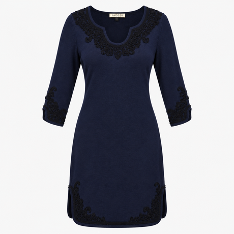 Dress Navy Merino Wool Embroidered Three Quarter S