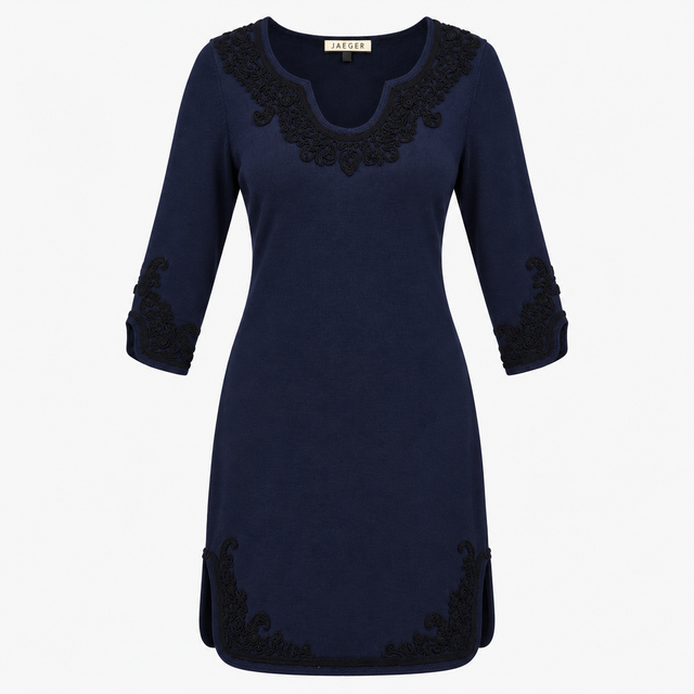Dress Navy Merino Wool Embroidered Three Quarter S