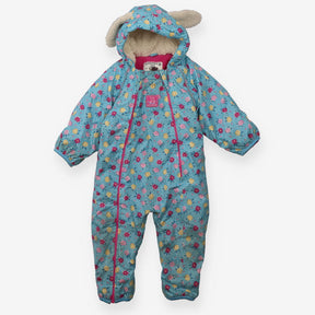 Puddlesuit blue flowers pink lining ears