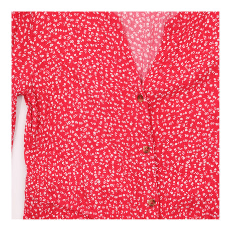 Dress Red White Ditsy Floral Button Front Long Sle