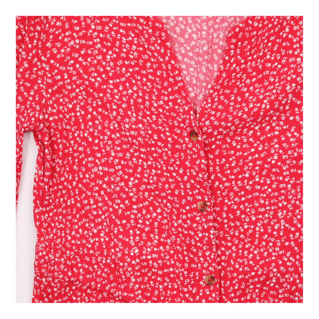 Dress Red White Ditsy Floral Button Front Long Sle