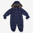 Pramsuit navy blue quilted fur trim hood