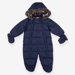 Pramsuit navy blue quilted fur trim hood