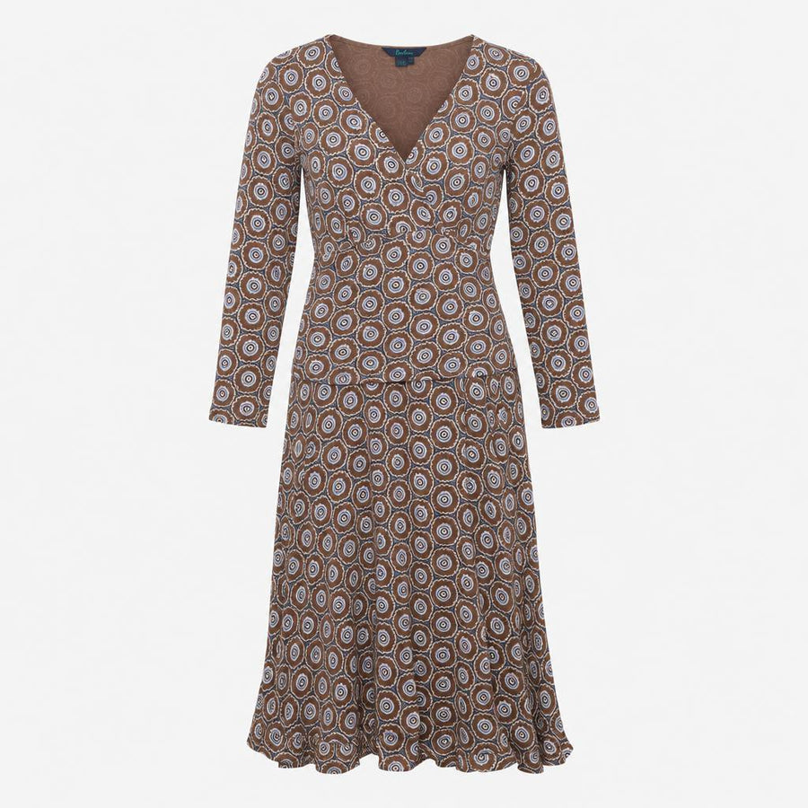 Dress Brown Blue Geometric Print Wrap V Neck Tence