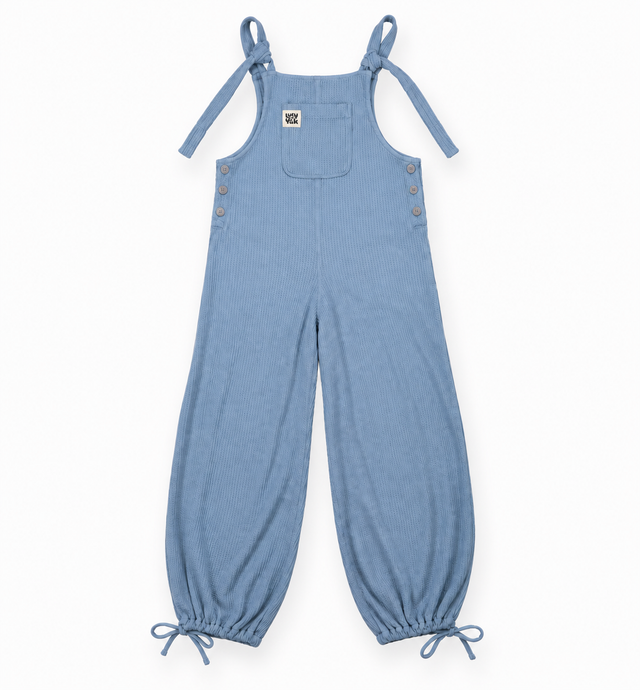 Blue Waffle Cotton Wide Leg Dungarees with Tie Str