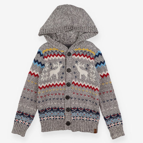Hooded Cardi Grey Reindeer Knit 