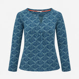 Blue Abstract Print Cotton Long Sleeve Notch Neck 