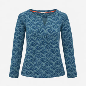 Blue Abstract Print Cotton Long Sleeve Notch Neck 