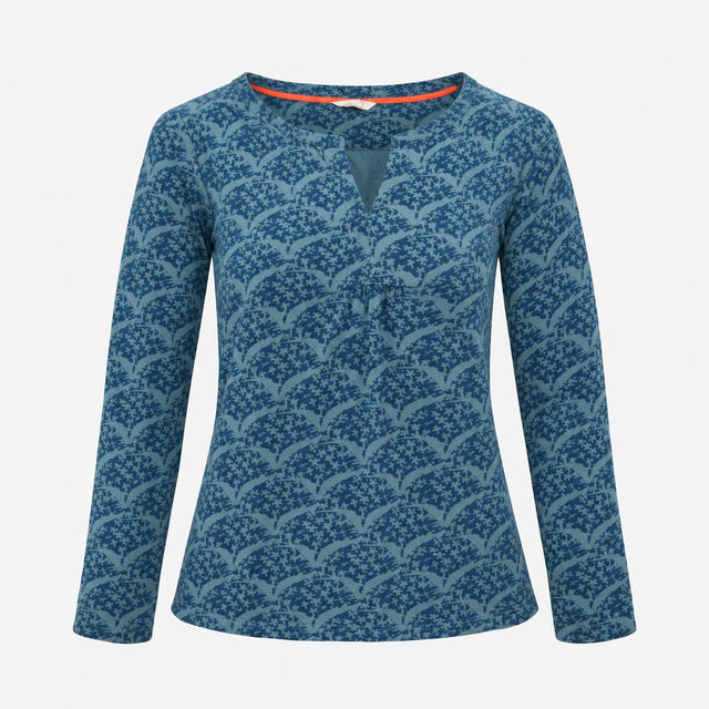 Blue Abstract Print Cotton Long Sleeve Notch Neck 