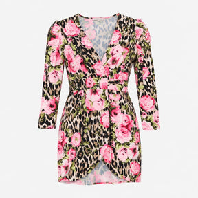 Dress Floral Leopard Print Wrap Mini Pink