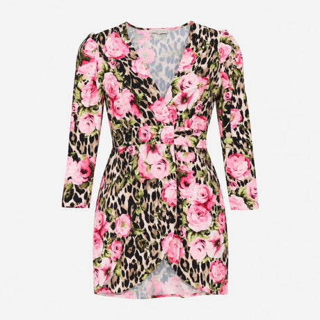 Dress Floral Leopard Print Wrap Mini Pink