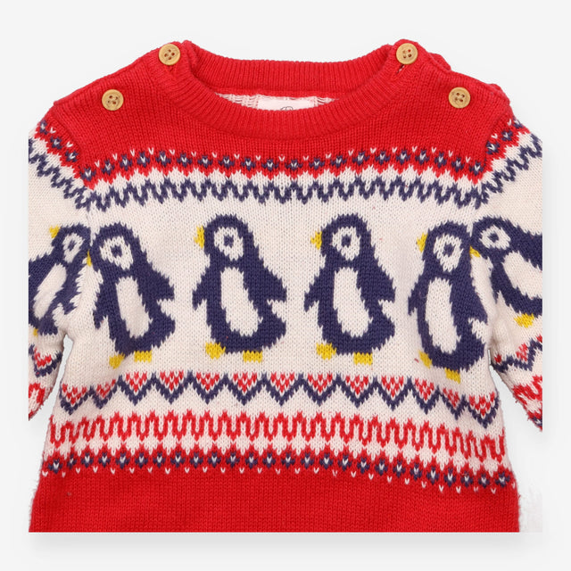 Festive Knitted Romper Red with Penguins