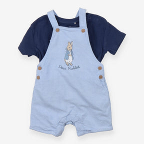 Chambray Peter Rabbit shortie dungarees with navy 