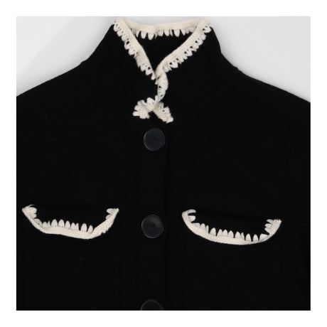 Cardigan Jacket Black Merino Wool Crochet Trim