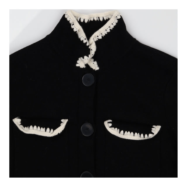 Cardigan Jacket Black Merino Wool Crochet Trim