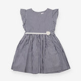 White and Blue Striped Dress with Rose Belt